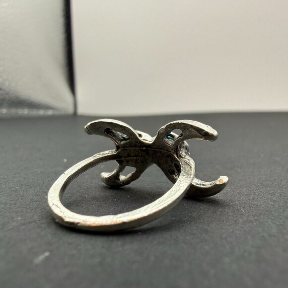 VTG Silver Tone Crescent Turquoise Double Stone Ring Boho Y2K Statement Jewelry - Picture 5 of 8